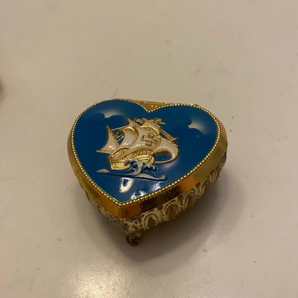 Sailing Ship Heart shape Trinket Box  Blue and Silver with Red Lining Vintage